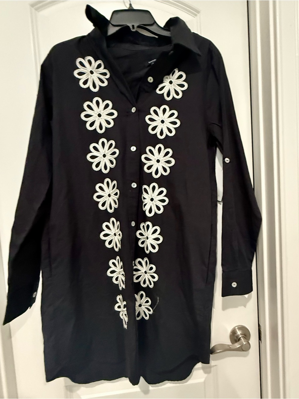 Karen Kane Black Long-Sleeve Button-Down Shirt with White Floral Appliqué